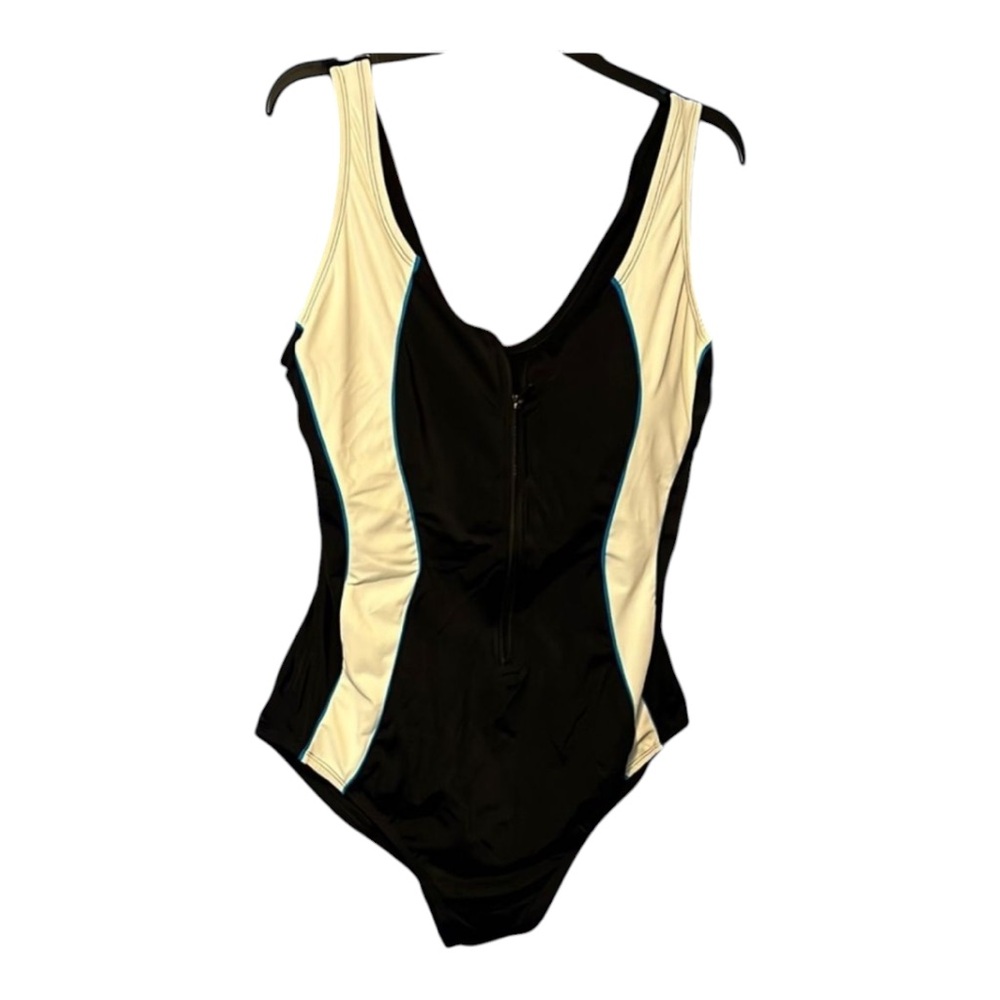 Black and White Swimsuit with Blue Accents